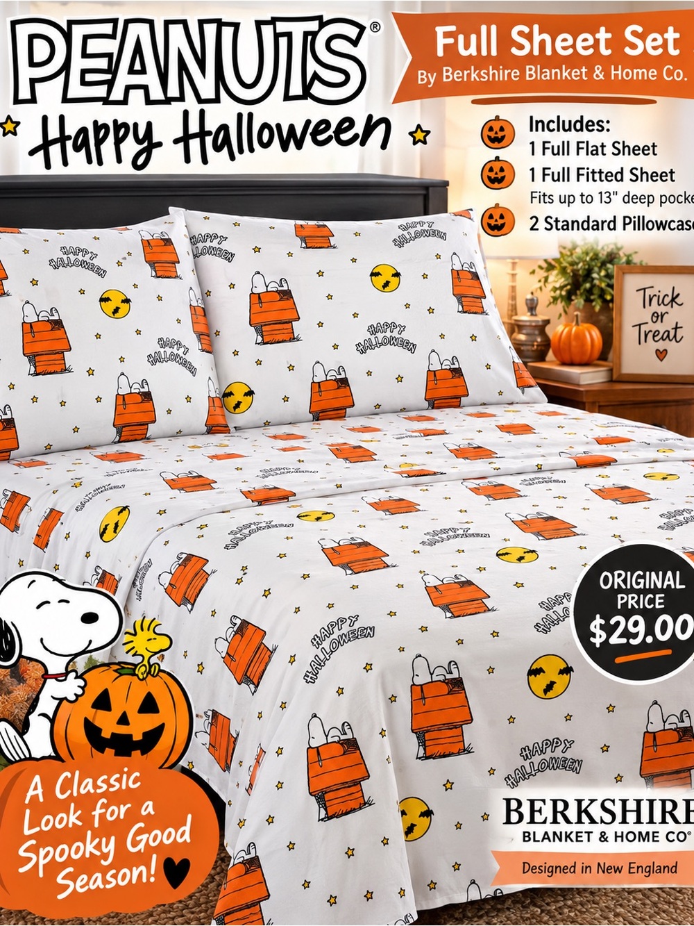 Berkshire Peanuts 'Happy Halloween' Sheet Set - White & Orange